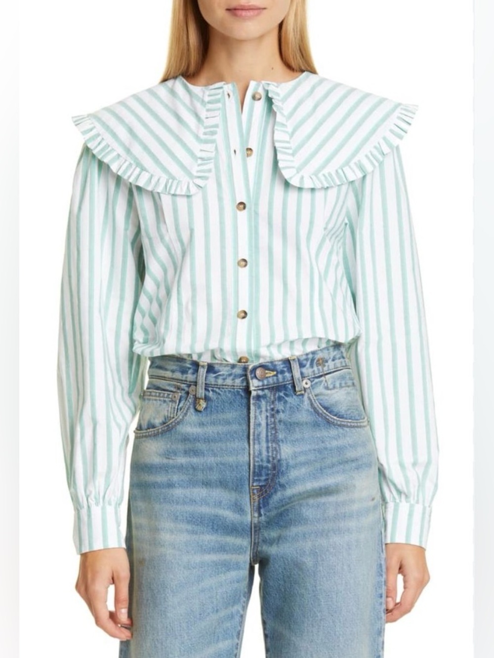 GANNI Women's Ruffled Collar Green Striped Cotton Poplin Blouse Size 32